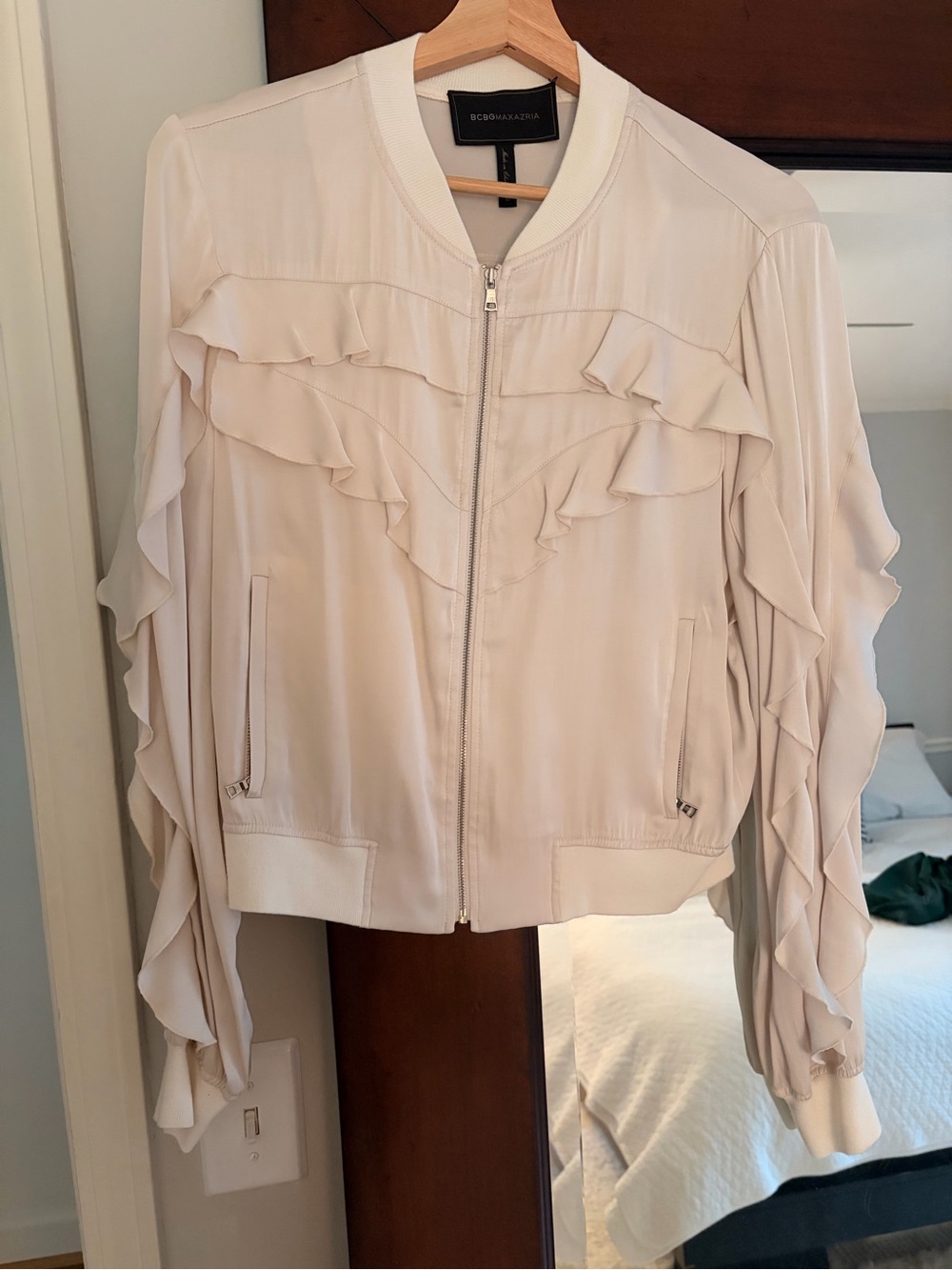 BCBGMaxAzria Cream Ruffle-Trim Bomber Jacket